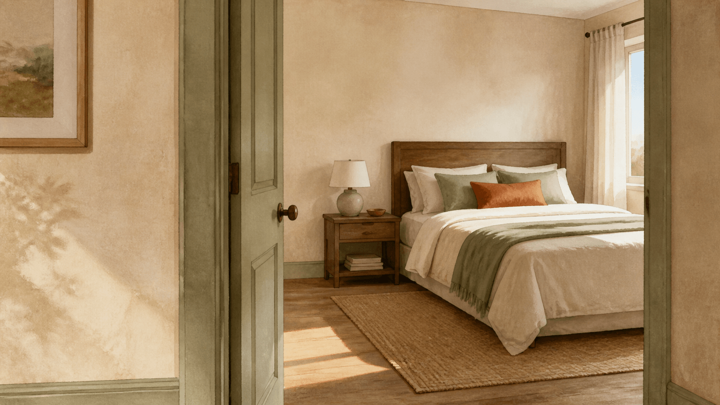 Soft watercolor bedroom seen through an open doorway, with the bed offset against a stable wall